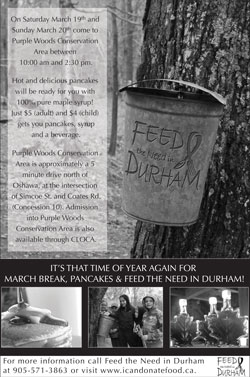 Black and white ad of a maple syrup bucket on a tree with Feed the Need logo embossed on the front of the bucket.