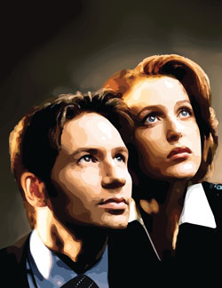 On the left is an image of a vector of Mulder and Scully from The X-files, and on the right are the vector outlines for the image